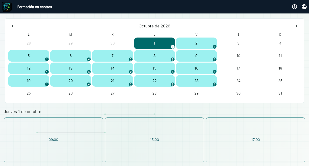 Calendario mensual de Gesform con franjas disponibles marcadas por día
