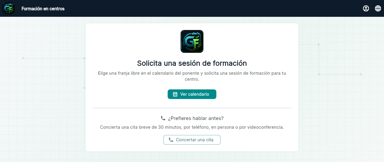 Pantalla de inicio de Gesform, con acceso al calendario y a citar una llamada